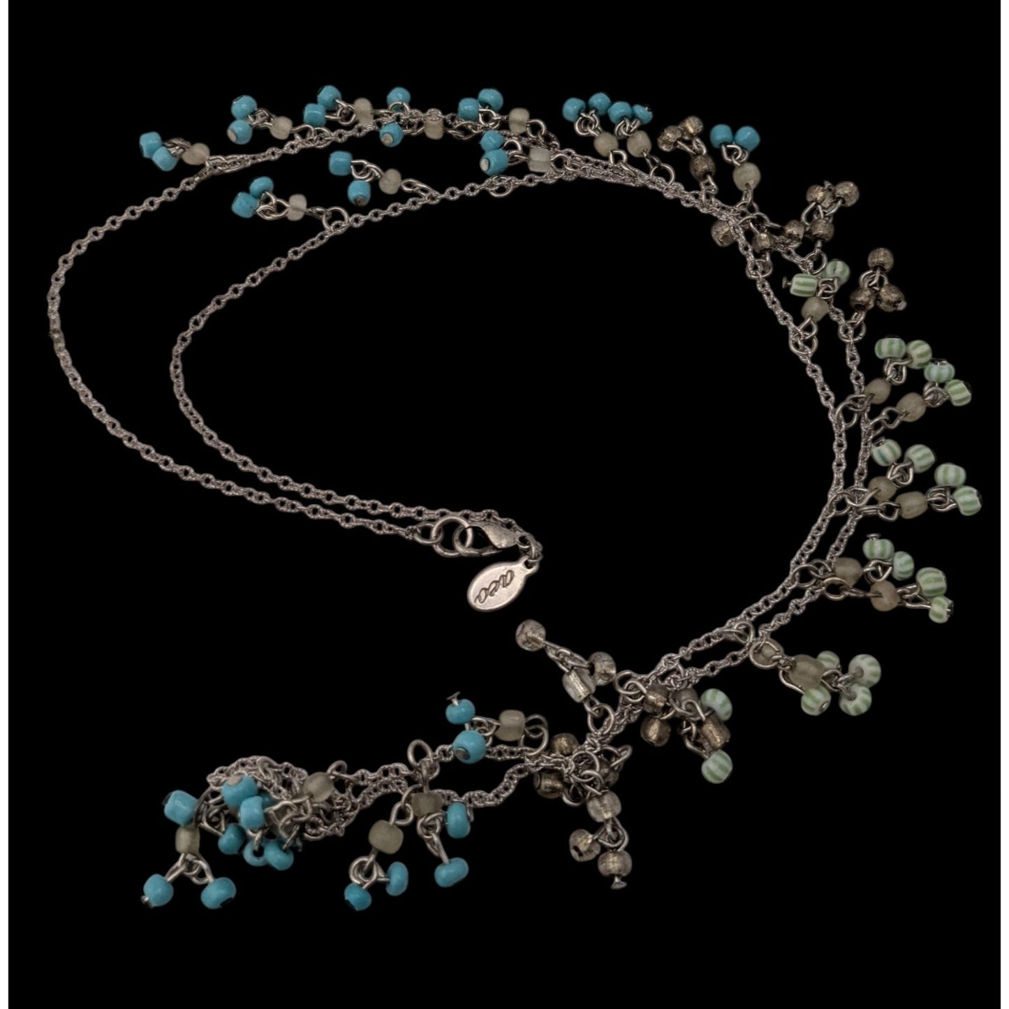 American Eagle Glass Seed Bead Fringe Necklace Blue Silver Boho Beach