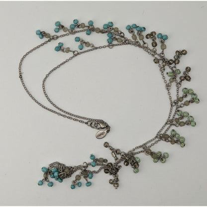 American Eagle Glass Seed Bead Fringe Necklace Blue Silver Boho Beach
