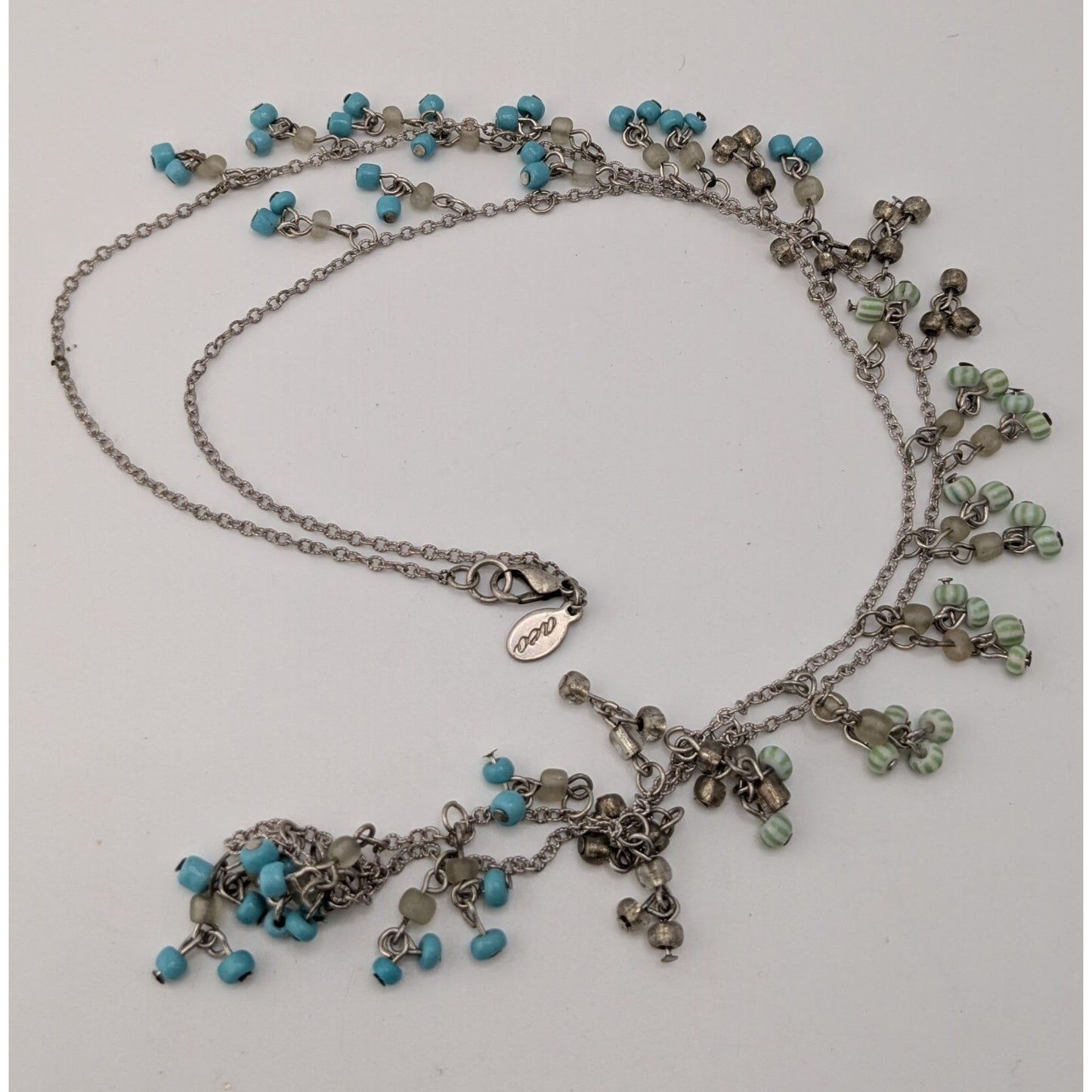 American Eagle Glass Seed Bead Fringe Necklace Blue Silver Boho Beach
