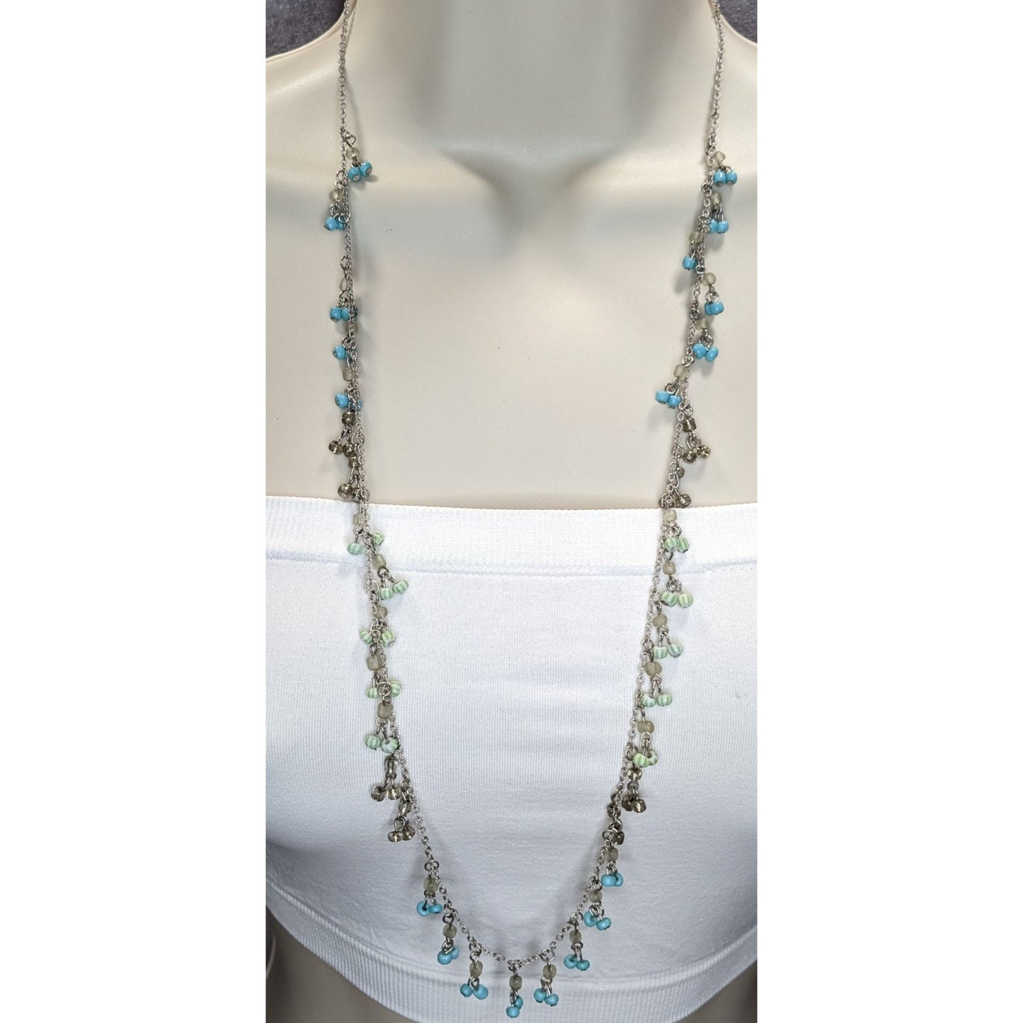 American Eagle Glass Seed Bead Fringe Necklace Blue Silver Boho Beach