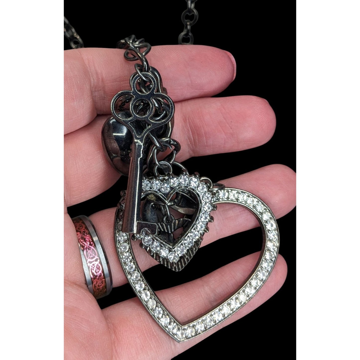 Goth Y2K Rhinestone Heart Key Charm Necklace Gunmetal Black Statement Jewelry