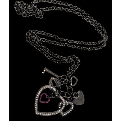 Goth Y2K Rhinestone Heart Key Charm Necklace Gunmetal Black Statement Jewelry