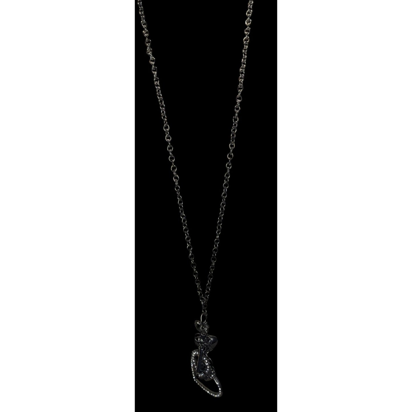Goth Y2K Rhinestone Heart Key Charm Necklace Gunmetal Black Statement Jewelry