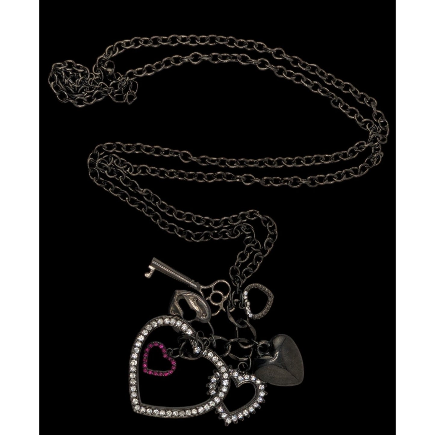 Goth Y2K Rhinestone Heart Key Charm Necklace Gunmetal Black Statement Jewelry