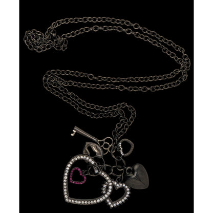 Goth Y2K Rhinestone Heart Key Charm Necklace Gunmetal Black Statement Jewelry