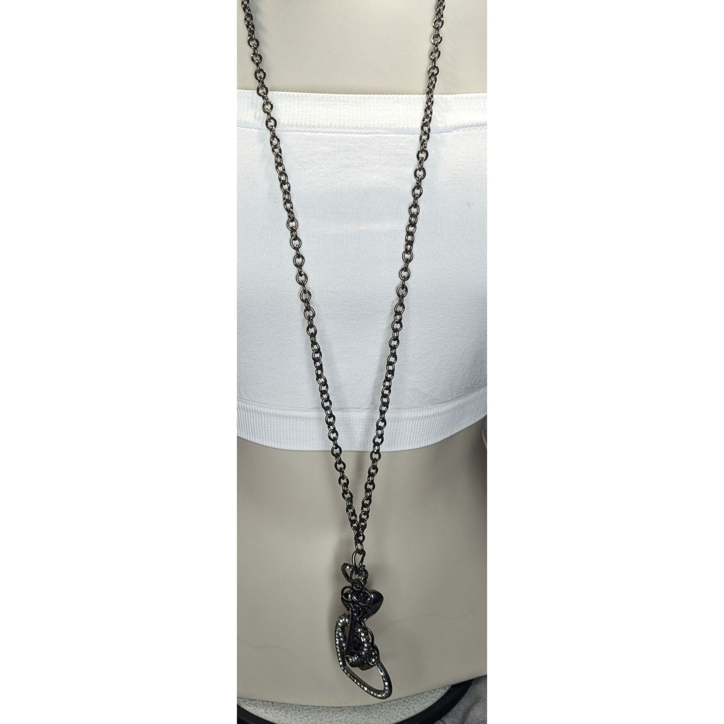 Goth Y2K Rhinestone Heart Key Charm Necklace Gunmetal Black Statement Jewelry