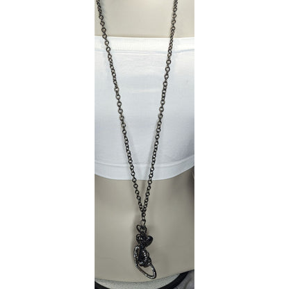 Goth Y2K Rhinestone Heart Key Charm Necklace Gunmetal Black Statement Jewelry