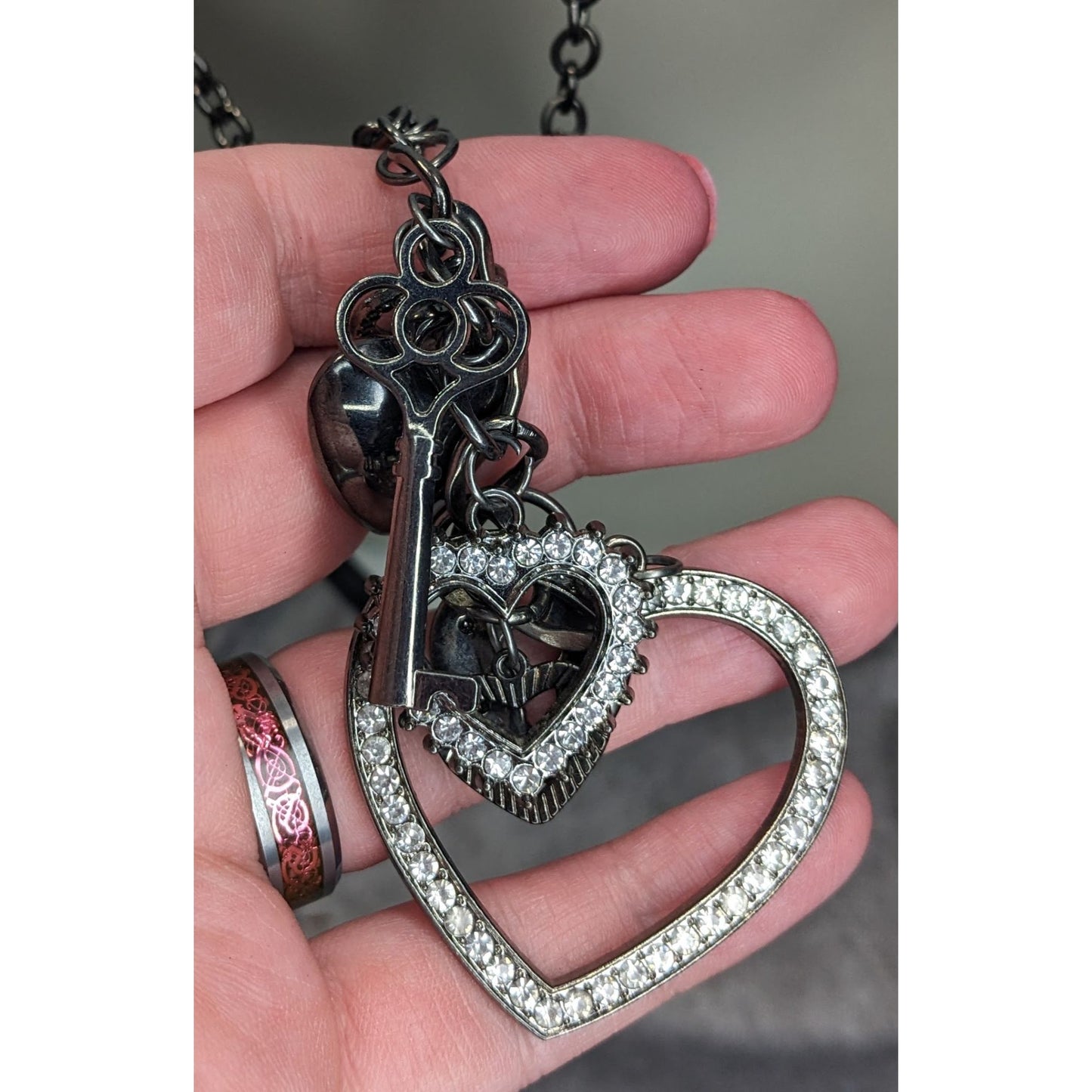 Goth Y2K Rhinestone Heart Key Charm Necklace Gunmetal Black Statement Jewelry