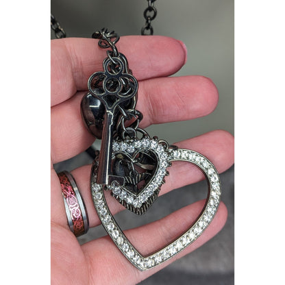 Goth Y2K Rhinestone Heart Key Charm Necklace Gunmetal Black Statement Jewelry