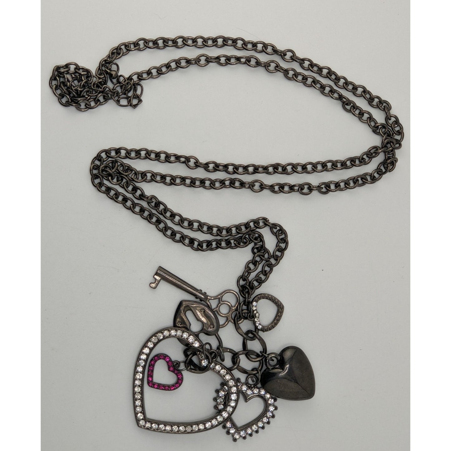 Goth Y2K Rhinestone Heart Key Charm Necklace Gunmetal Black Statement Jewelry