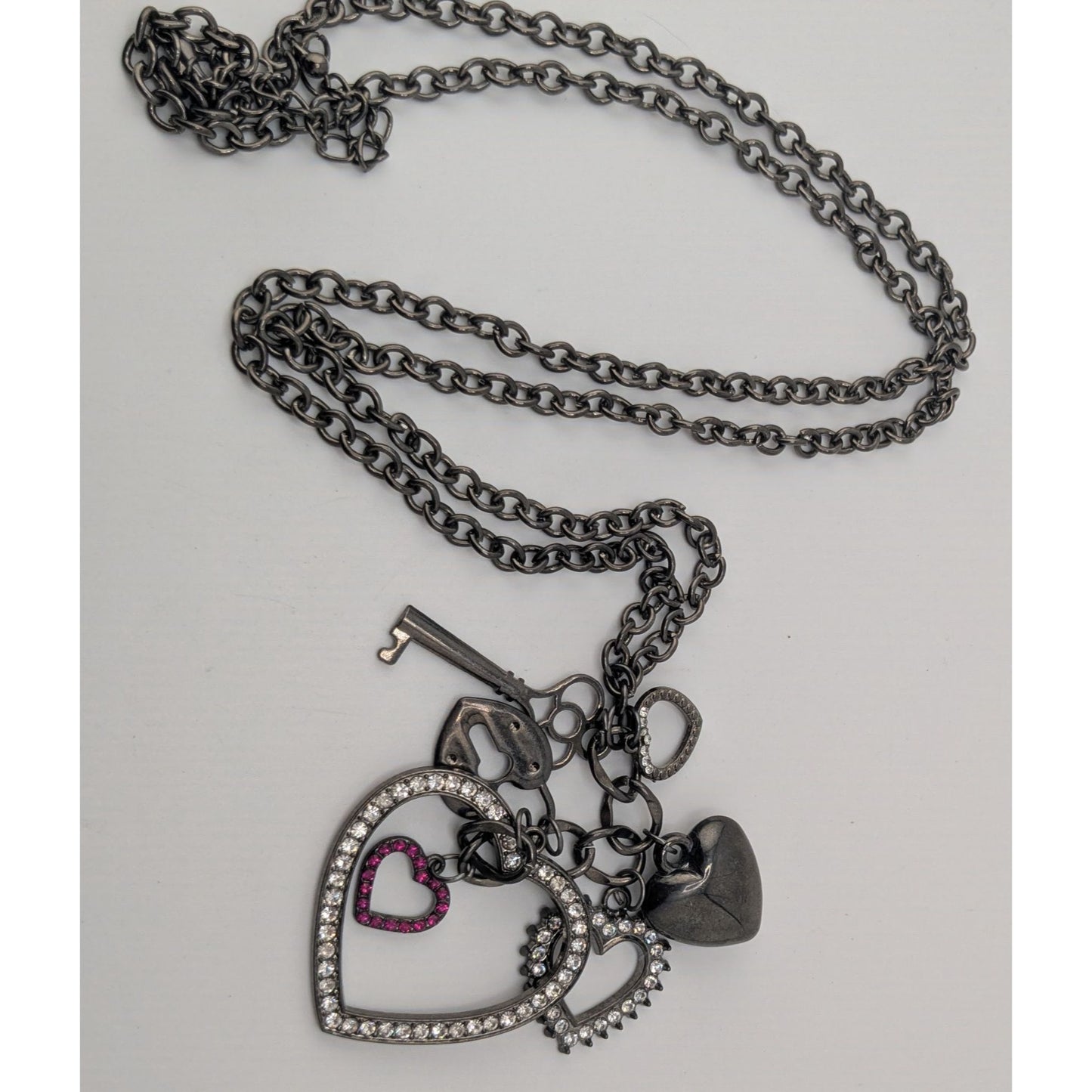 Goth Y2K Rhinestone Heart Key Charm Necklace Gunmetal Black Statement Jewelry