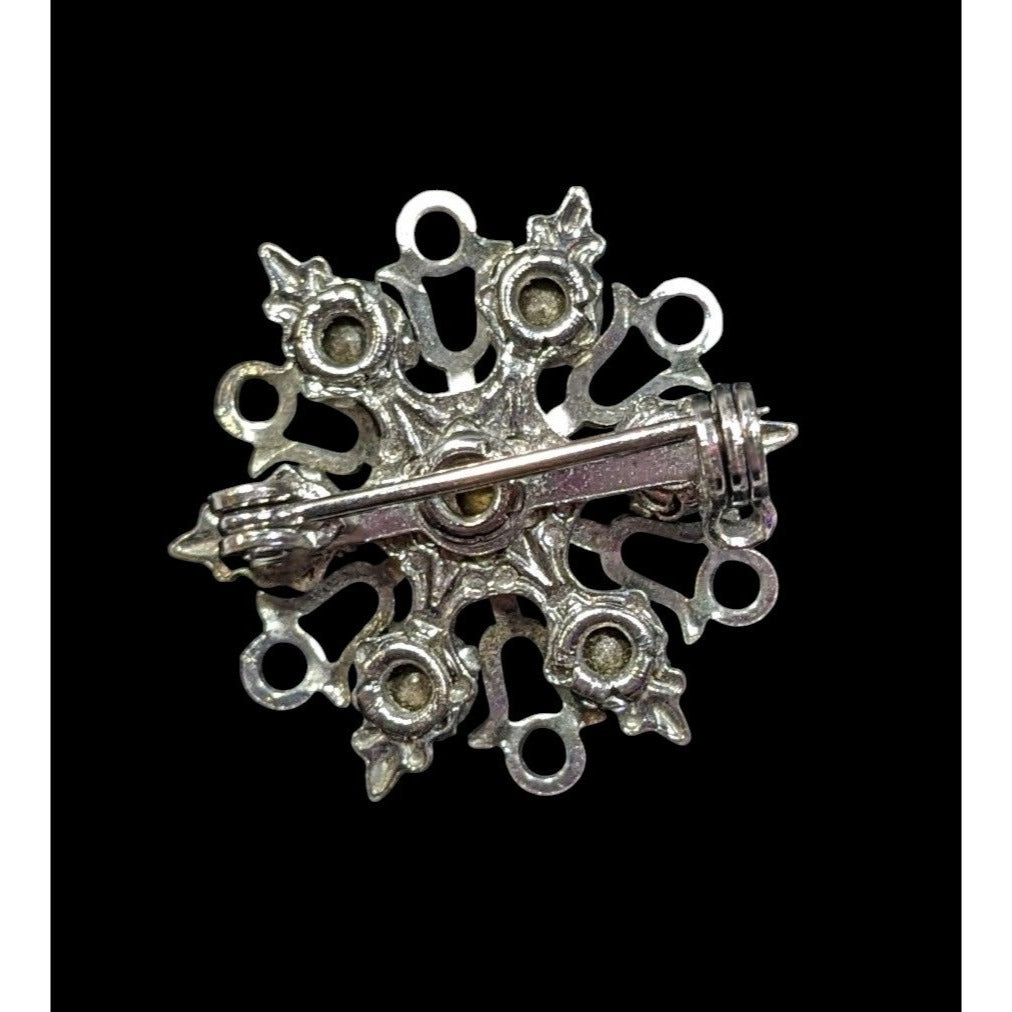 Vintage Glam Rhinestone Snowflake Silver Tone Brooch