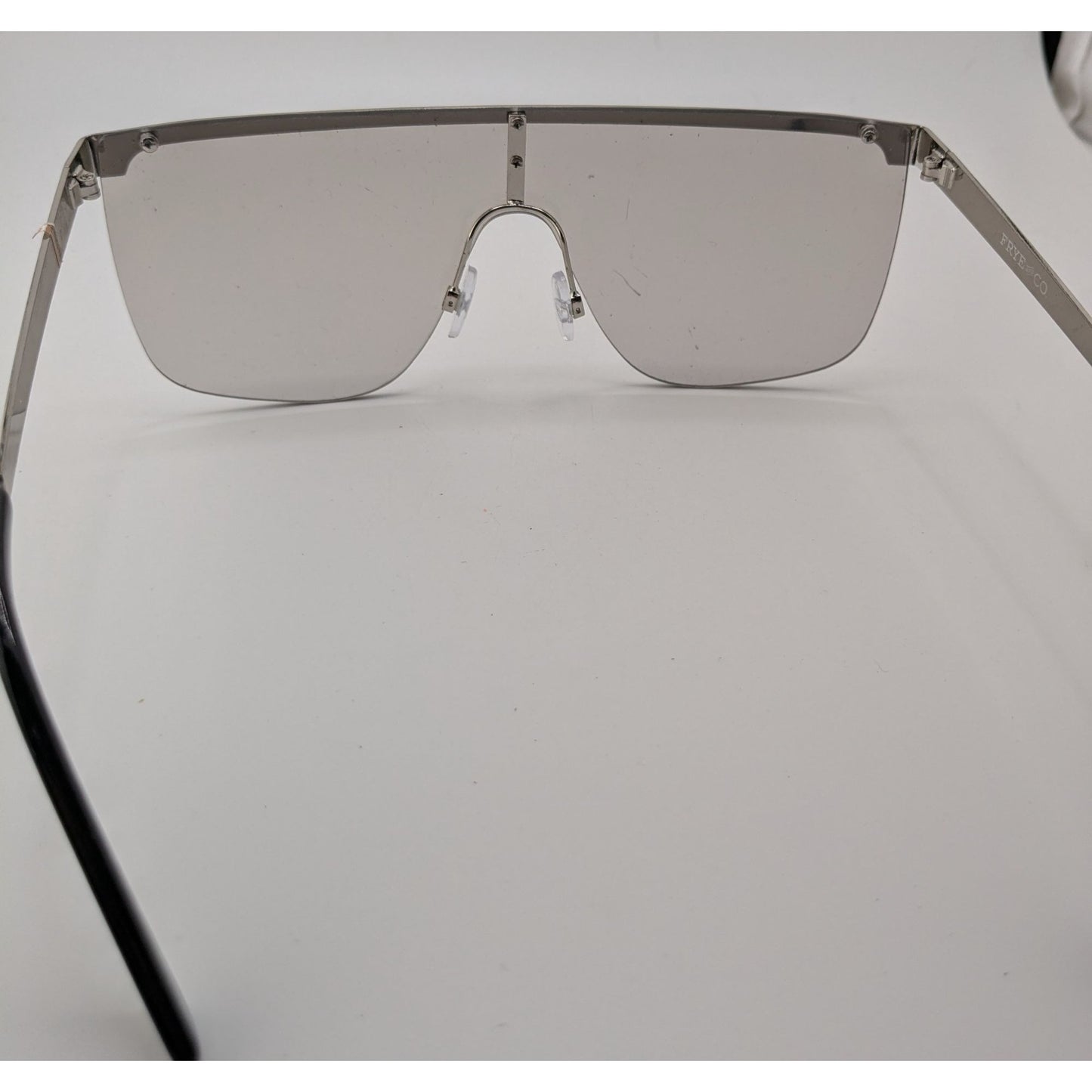 Frye & Co Oversized Shield Sunglasses 145mm Silver Frame Black Arms 140mm Temple