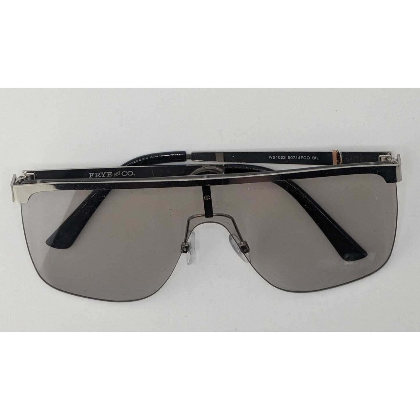 Frye & Co Oversized Shield Sunglasses 145mm Silver Frame Black Arms 140mm Temple