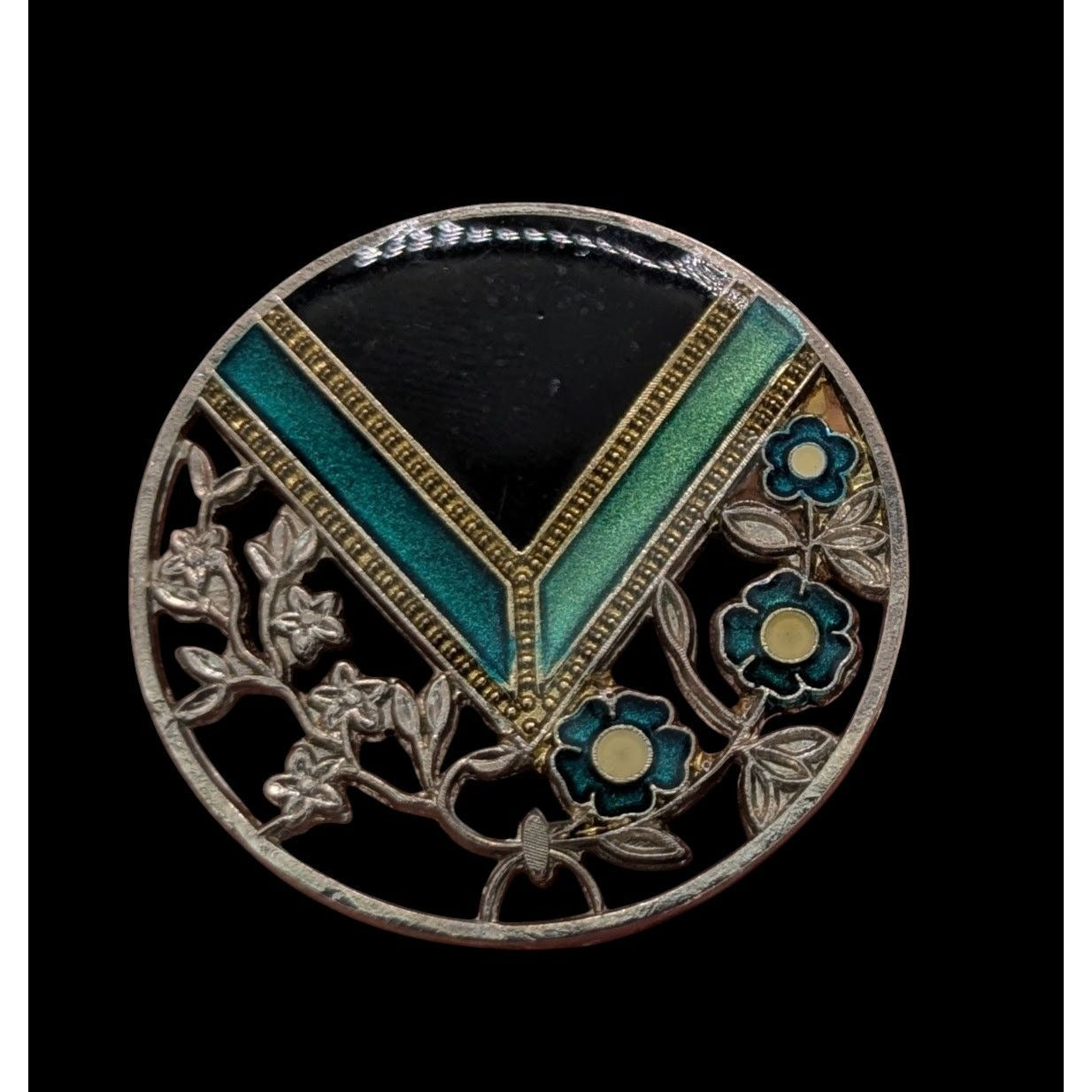 Vintage Floral Enamel Brooch Round Silver Tone Blue Green Art Deco Style Pin