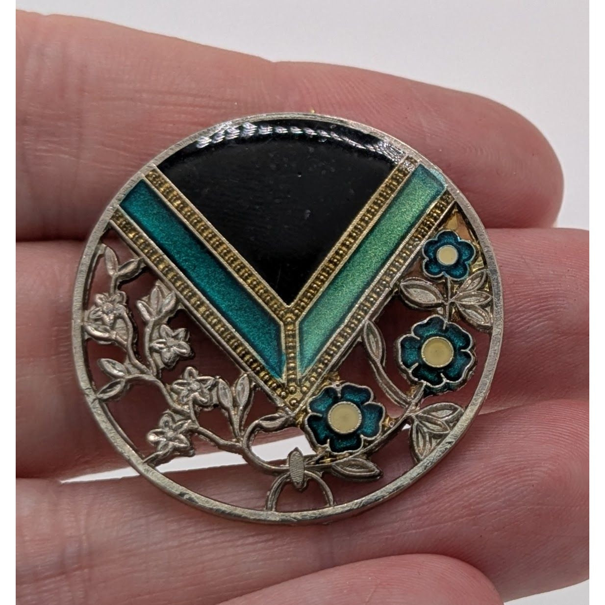Vintage Floral Enamel Brooch Round Silver Tone Blue Green Art Deco Style Pin