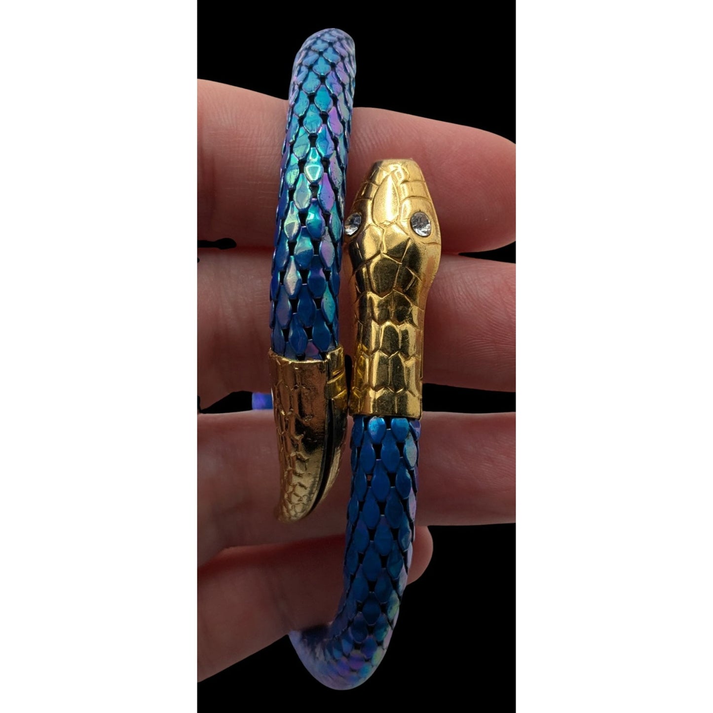 Vintage Snake Mesh Bracelet Iridescent Gold Blue Fantasy Costume Jewelry