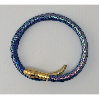 Vintage Snake Mesh Bracelet Iridescent Gold Blue Fantasy Costume Jewelry