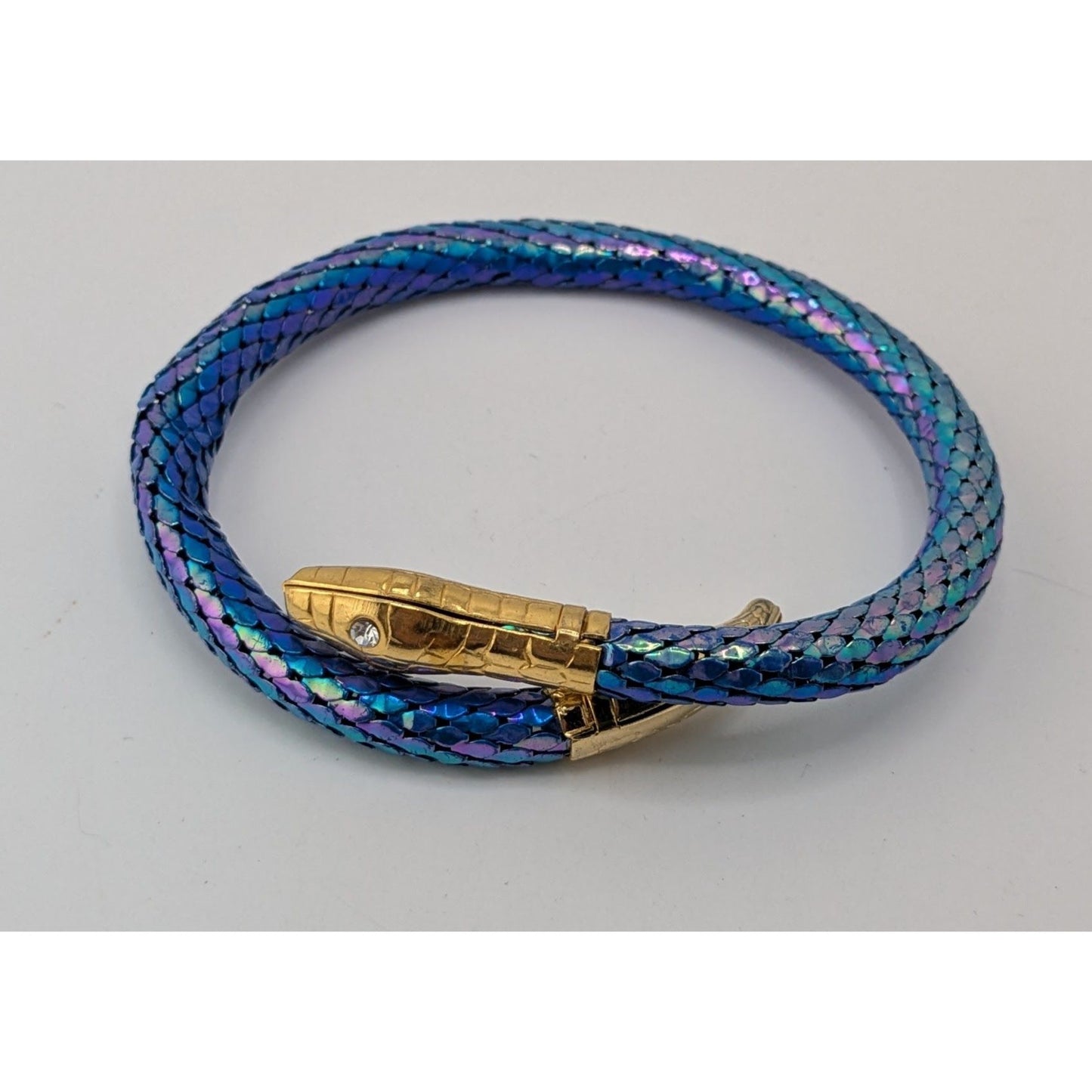 Vintage Snake Mesh Bracelet Iridescent Gold Blue Fantasy Costume Jewelry