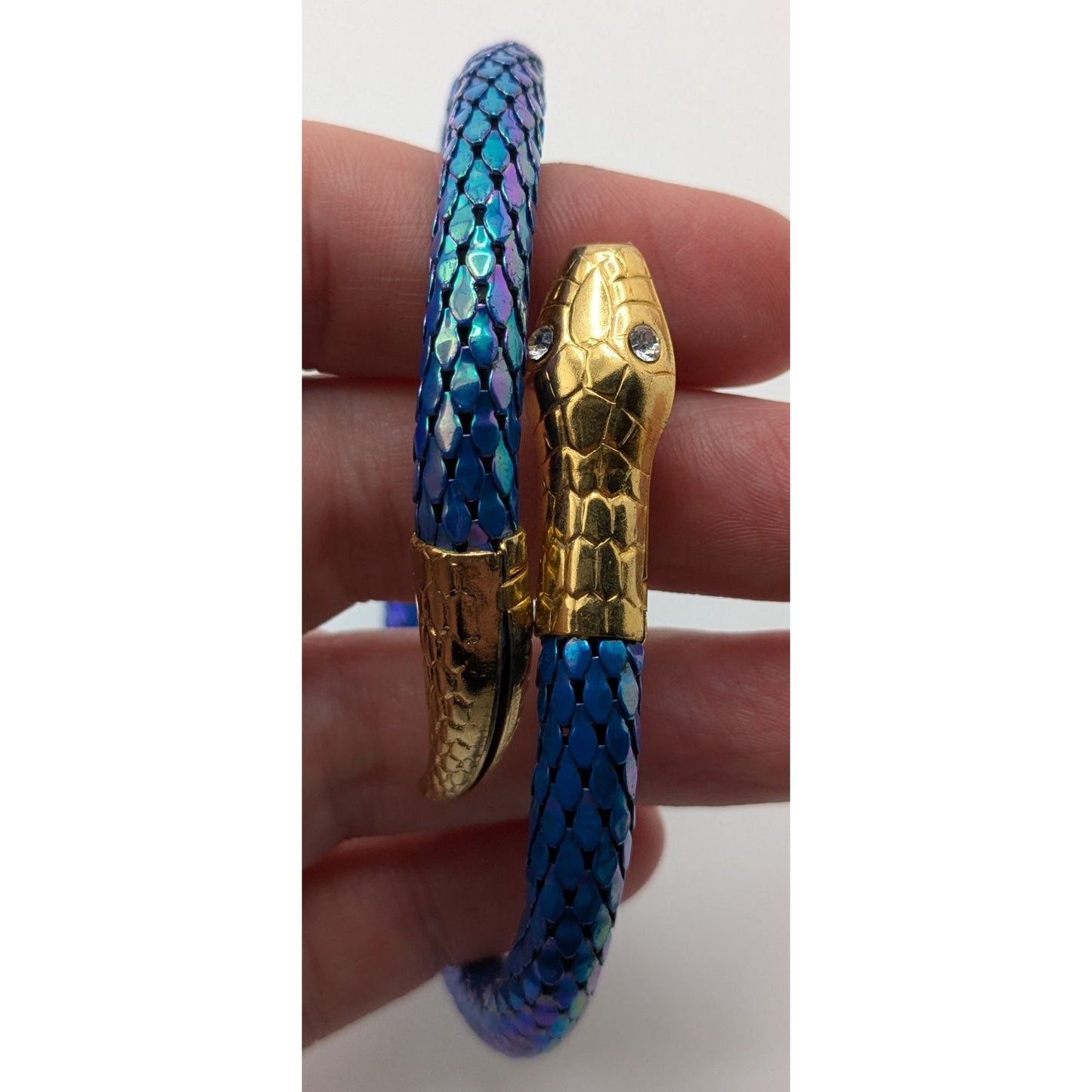 Vintage Snake Mesh Bracelet Iridescent Gold Blue Fantasy Costume Jewelry