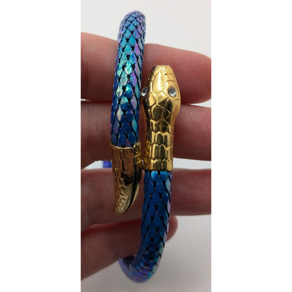Vintage Snake Mesh Bracelet Iridescent Gold Blue Fantasy Costume Jewelry