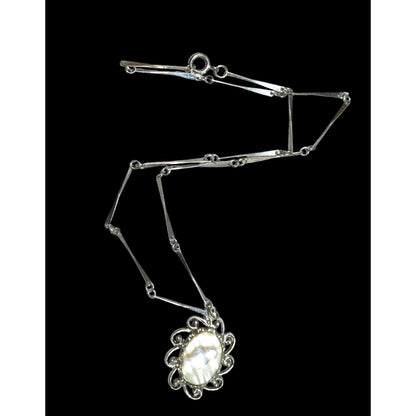 Vintage Mother Of Pearl Oval Pendant Necklace With Ornate Detailing
