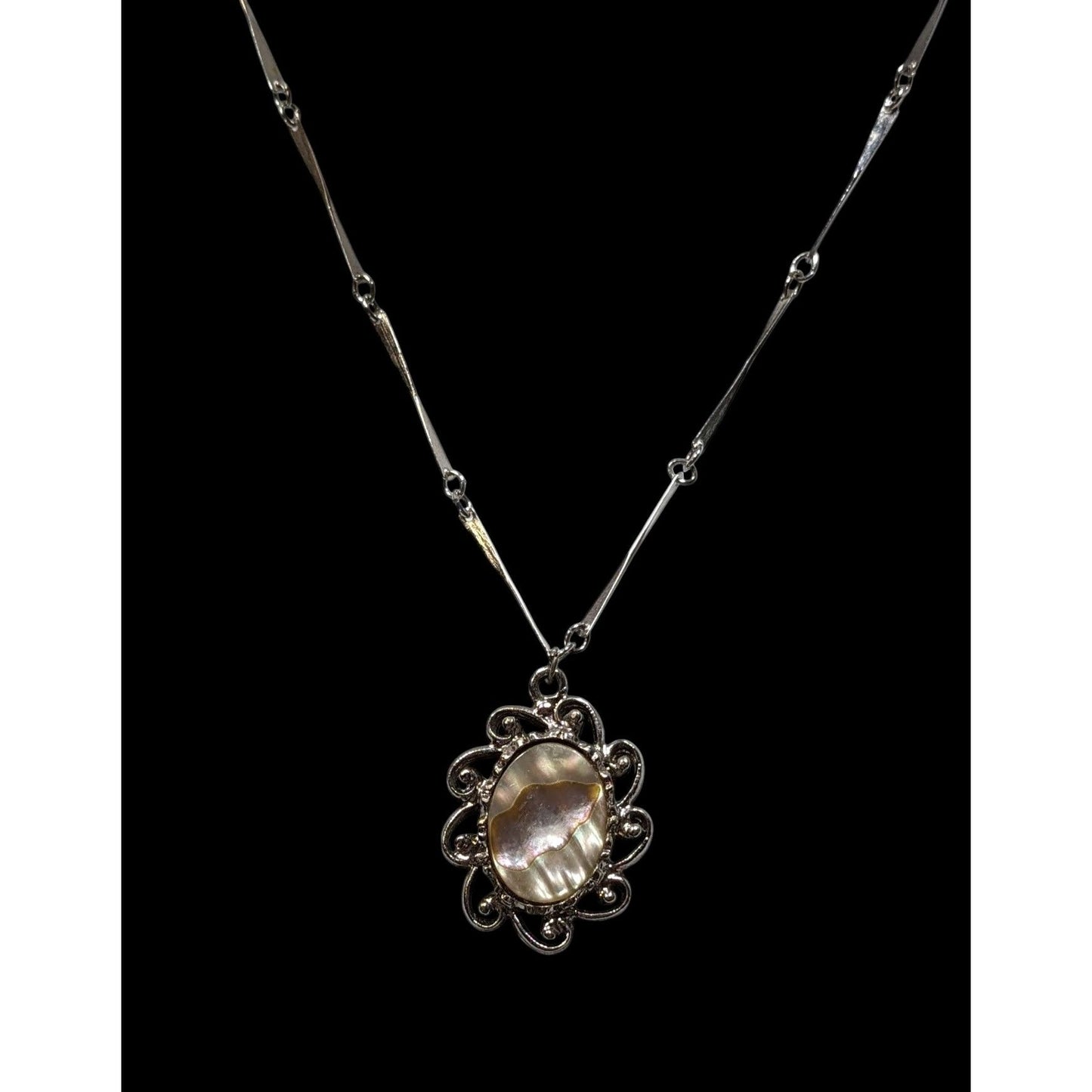 Vintage Mother Of Pearl Oval Pendant Necklace With Ornate Detailing
