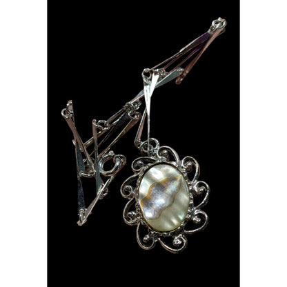Vintage Mother Of Pearl Oval Pendant Necklace With Ornate Detailing
