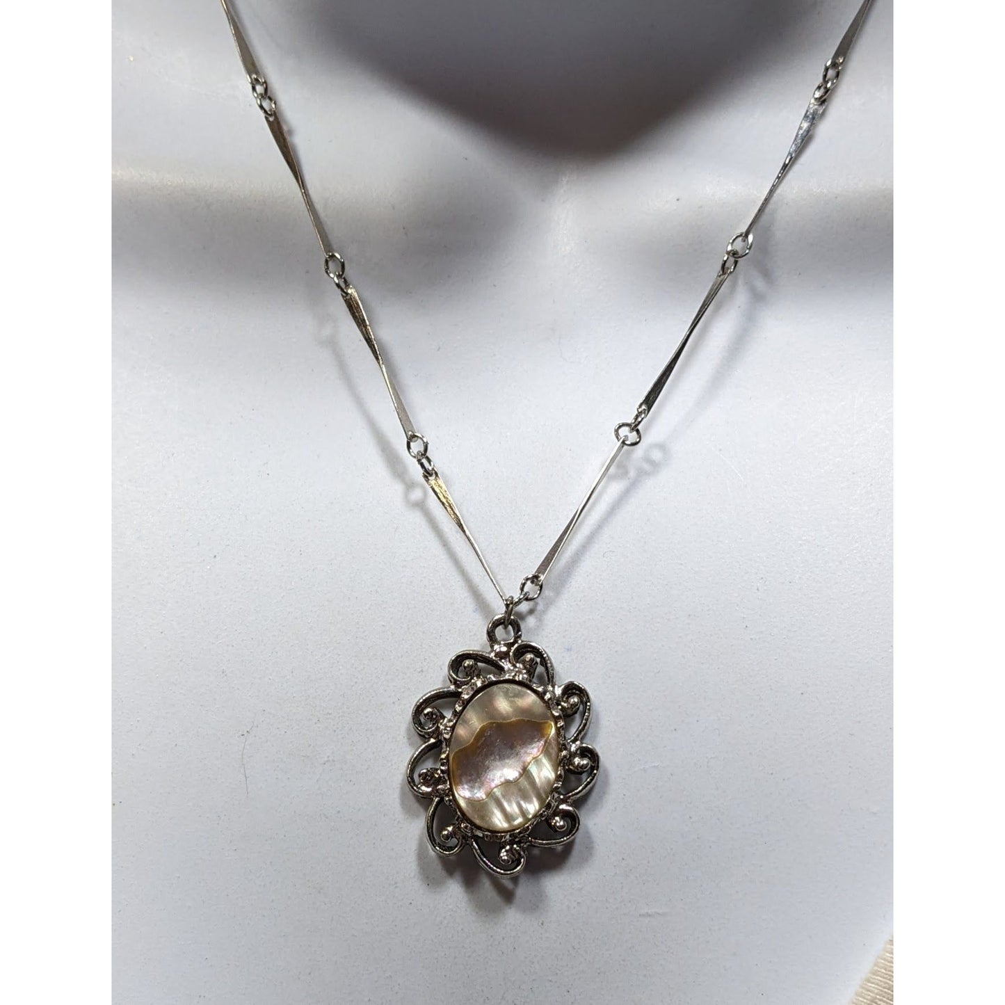 Vintage Mother Of Pearl Oval Pendant Necklace With Ornate Detailing