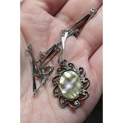 Vintage Mother Of Pearl Oval Pendant Necklace With Ornate Detailing