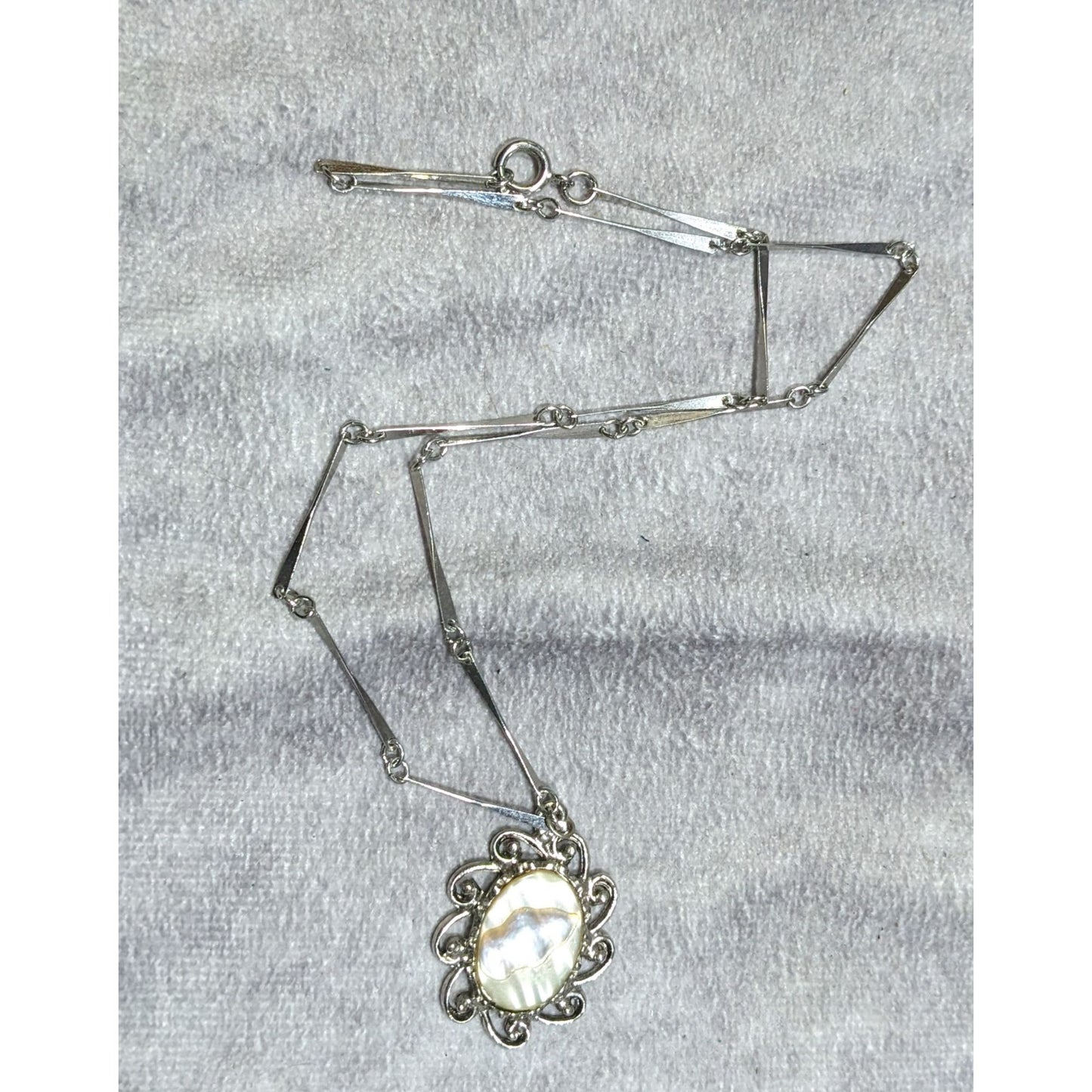 Vintage Mother Of Pearl Oval Pendant Necklace With Ornate Detailing