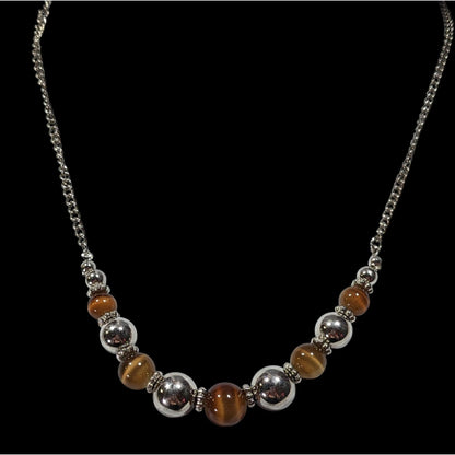 Casual Brown Cat Eye And Silver Tone Beaded Necklace