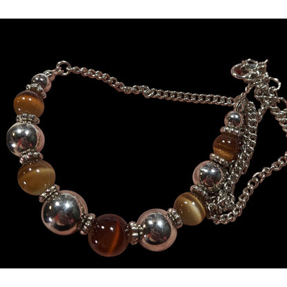 Casual Brown Cat Eye And Silver Tone Beaded Necklace