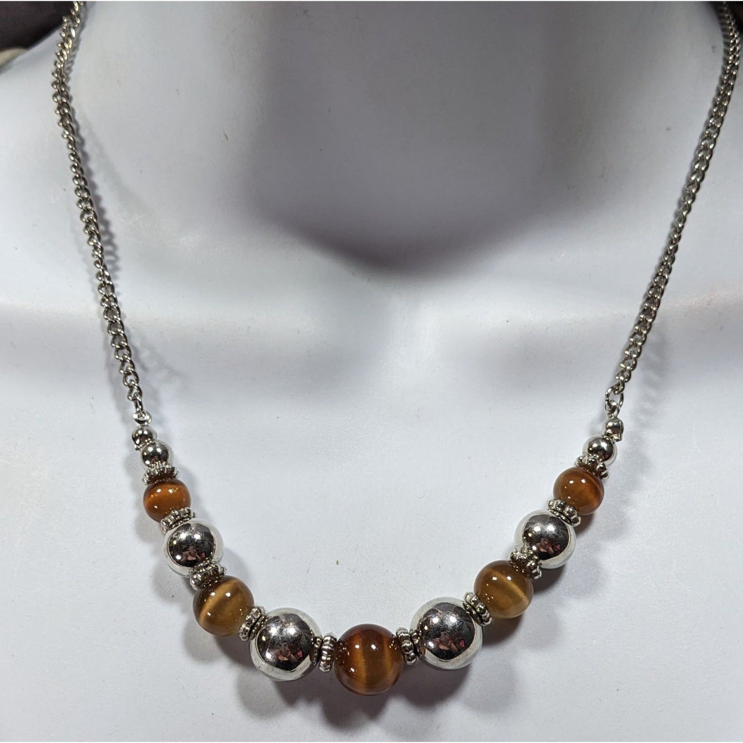 Casual Brown Cat Eye And Silver Tone Beaded Necklace