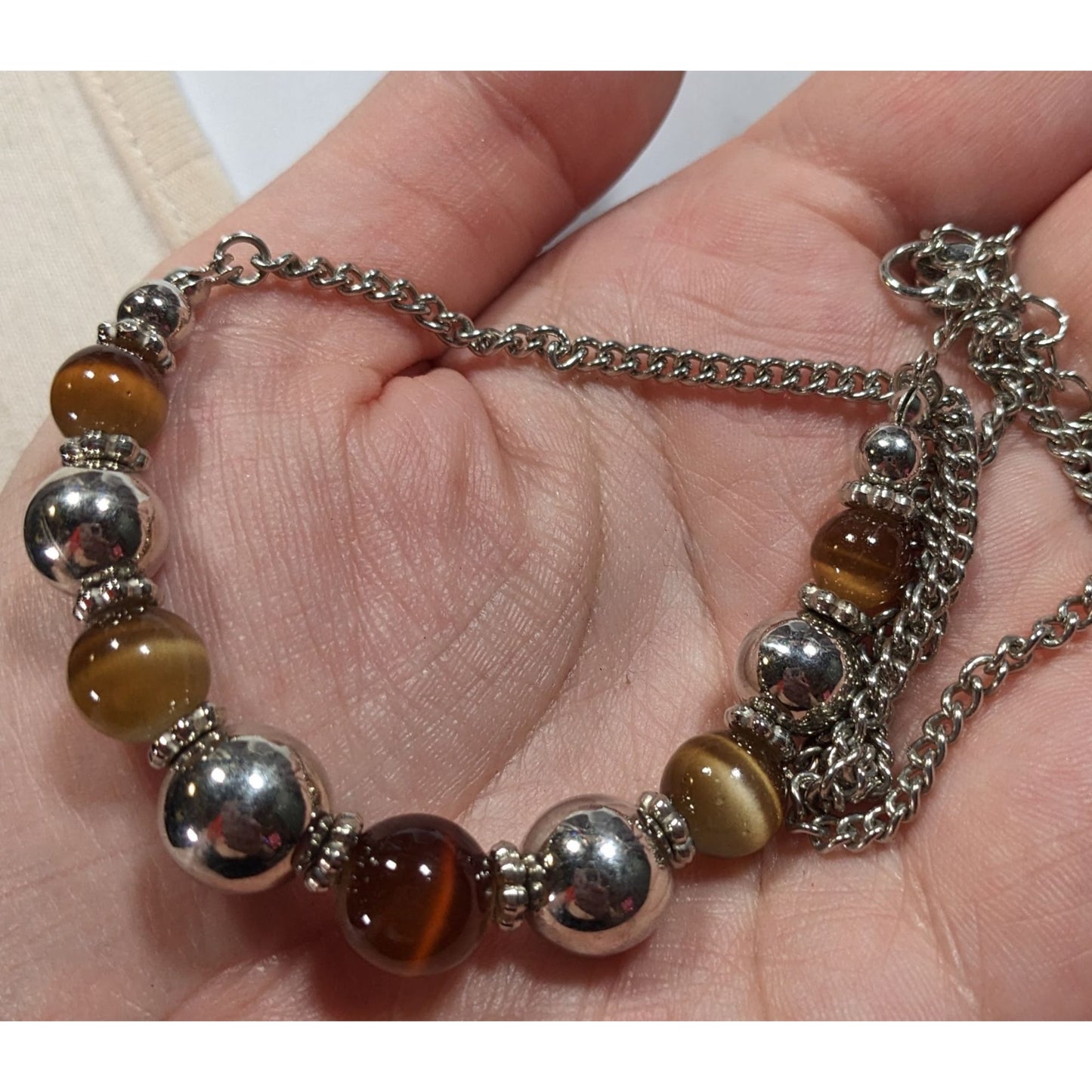 Casual Brown Cat Eye And Silver Tone Beaded Necklace