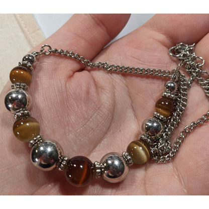 Casual Brown Cat Eye And Silver Tone Beaded Necklace