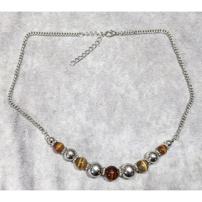 Casual Brown Cat Eye And Silver Tone Beaded Necklace