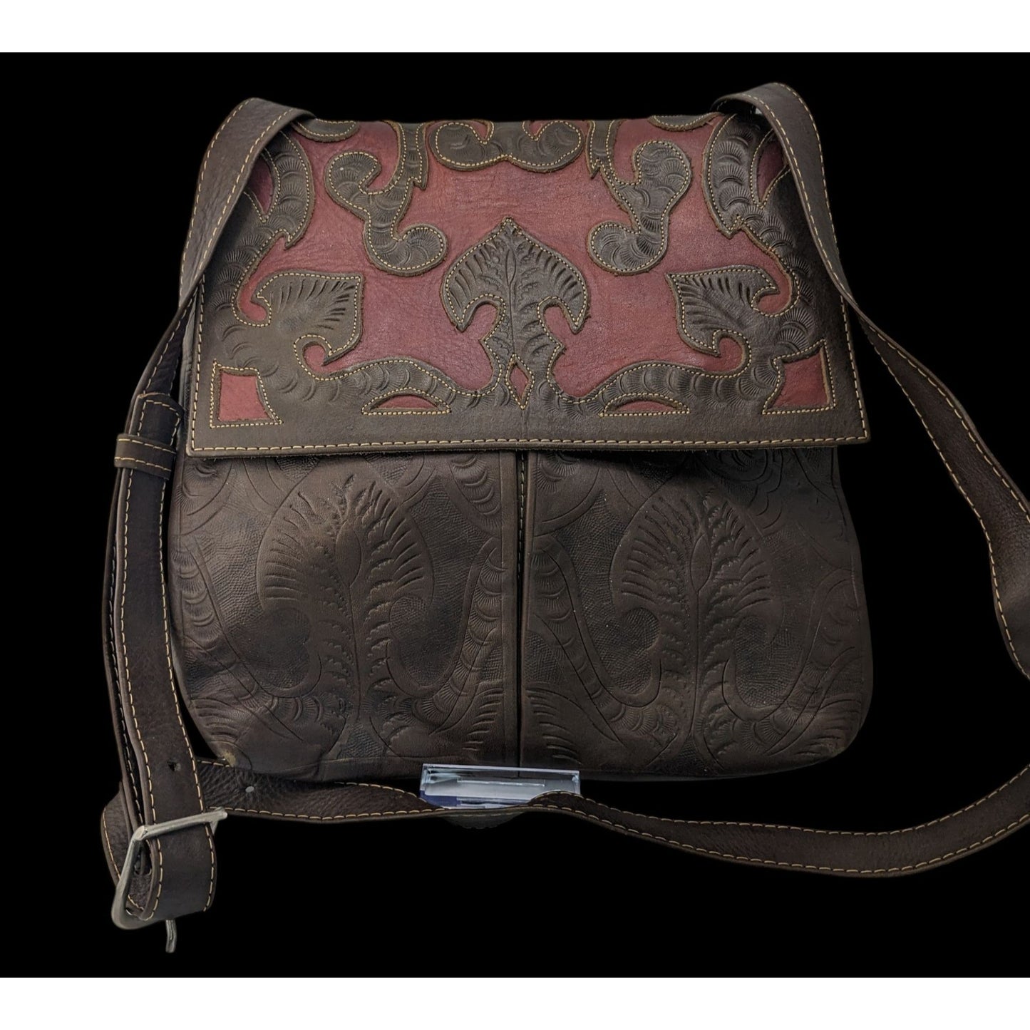 Vintage JL Salvidar Tooled Leather Crossbody Bag With Adjustable Strap & Floral Pattern