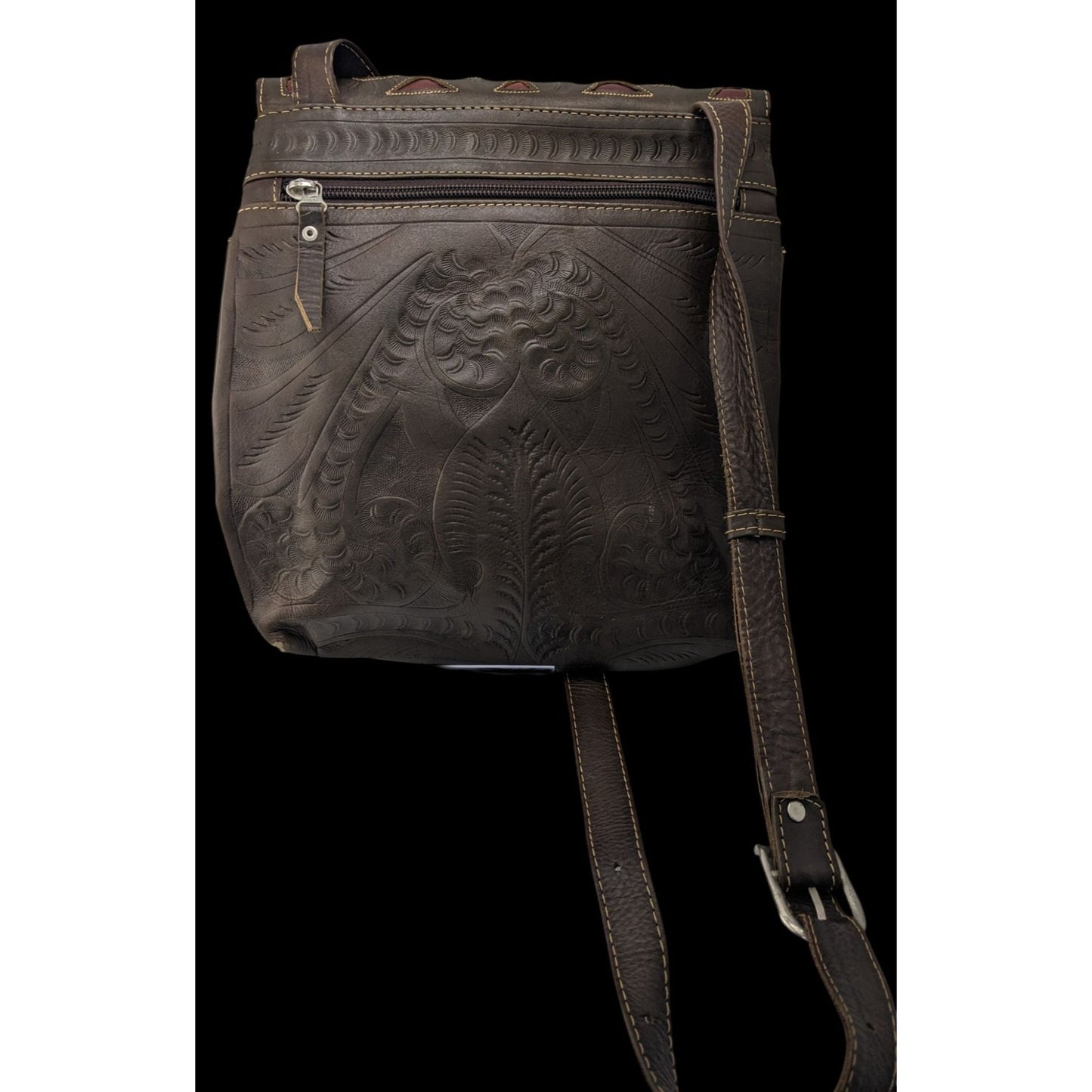 Vintage JL Salvidar Tooled Leather Crossbody Bag With Adjustable Strap & Floral Pattern