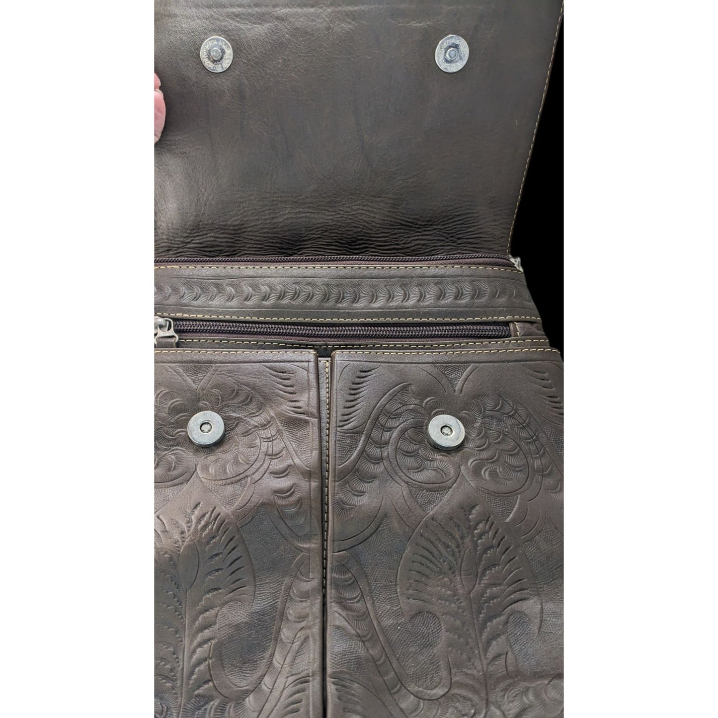 Vintage JL Salvidar Tooled Leather Crossbody Bag With Adjustable Strap & Floral Pattern