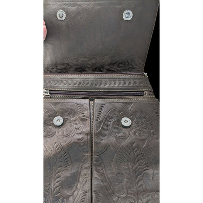 Vintage JL Salvidar Tooled Leather Crossbody Bag With Adjustable Strap & Floral Pattern