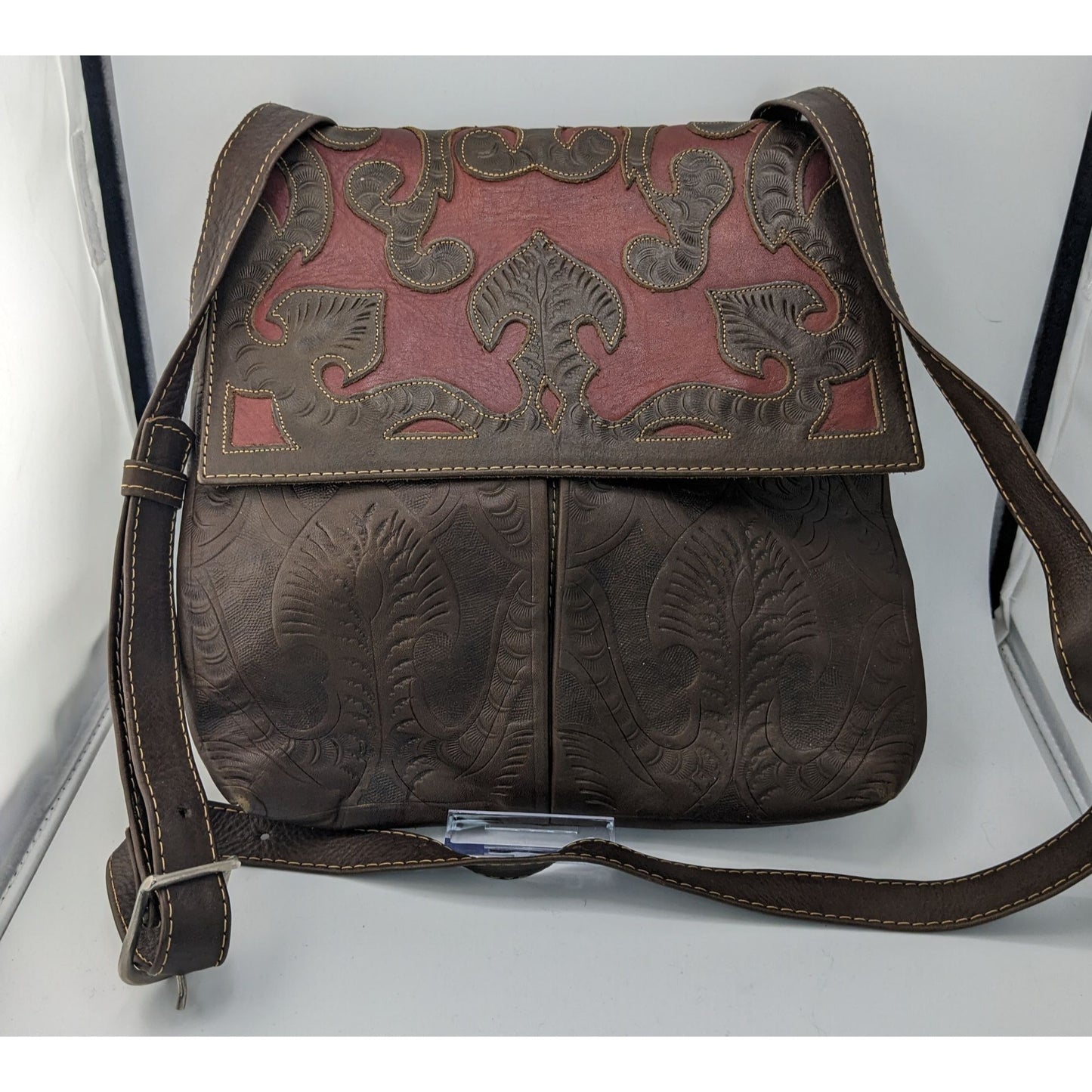 Vintage JL Salvidar Tooled Leather Crossbody Bag With Adjustable Strap & Floral Pattern