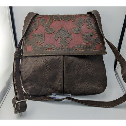 Vintage JL Salvidar Tooled Leather Crossbody Bag With Adjustable Strap & Floral Pattern