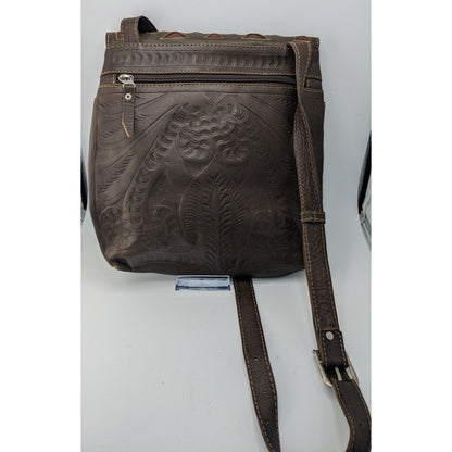 Vintage JL Salvidar Tooled Leather Crossbody Bag With Adjustable Strap & Floral Pattern