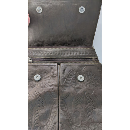 Vintage JL Salvidar Tooled Leather Crossbody Bag With Adjustable Strap & Floral Pattern