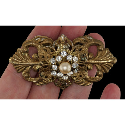 Vintage Victorian Style Gold Tone Brooch With Crystal Rhinestones & Faux Pearl 3 Inches Handmade Jewelry Piece