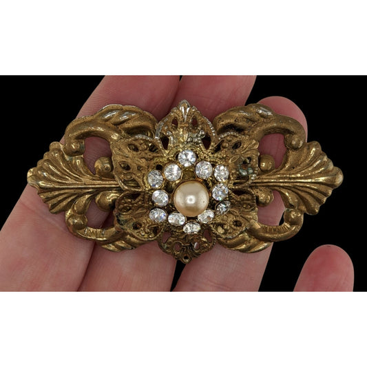 Vintage Victorian Style Gold Tone Brooch With Crystal Rhinestones & Faux Pearl 3 Inches Handmade Jewelry Piece