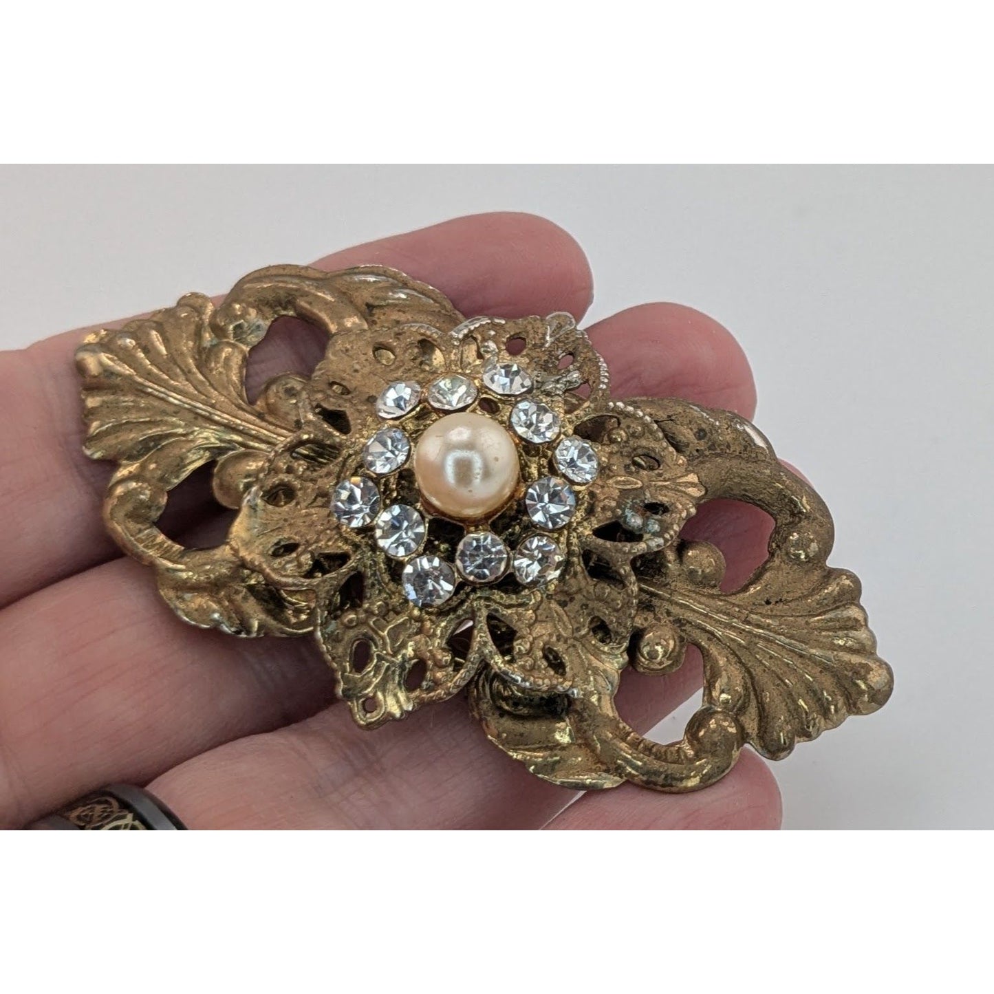 Vintage Victorian Style Gold Tone Brooch With Crystal Rhinestones & Faux Pearl 3 Inches Handmade Jewelry Piece