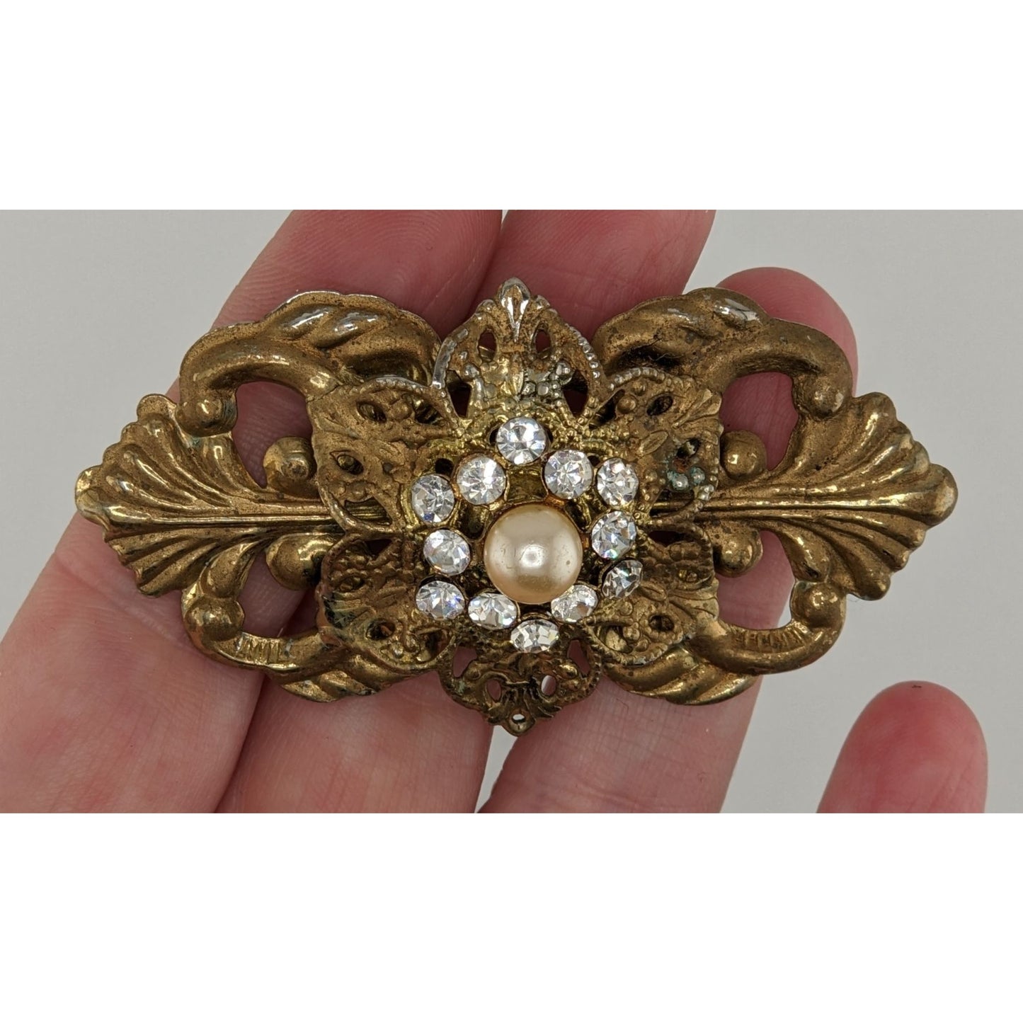 Vintage Victorian Style Gold Tone Brooch With Crystal Rhinestones & Faux Pearl 3 Inches Handmade Jewelry Piece