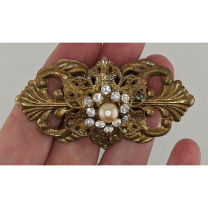 Vintage Victorian Style Gold Tone Brooch With Crystal Rhinestones & Faux Pearl 3 Inches Handmade Jewelry Piece